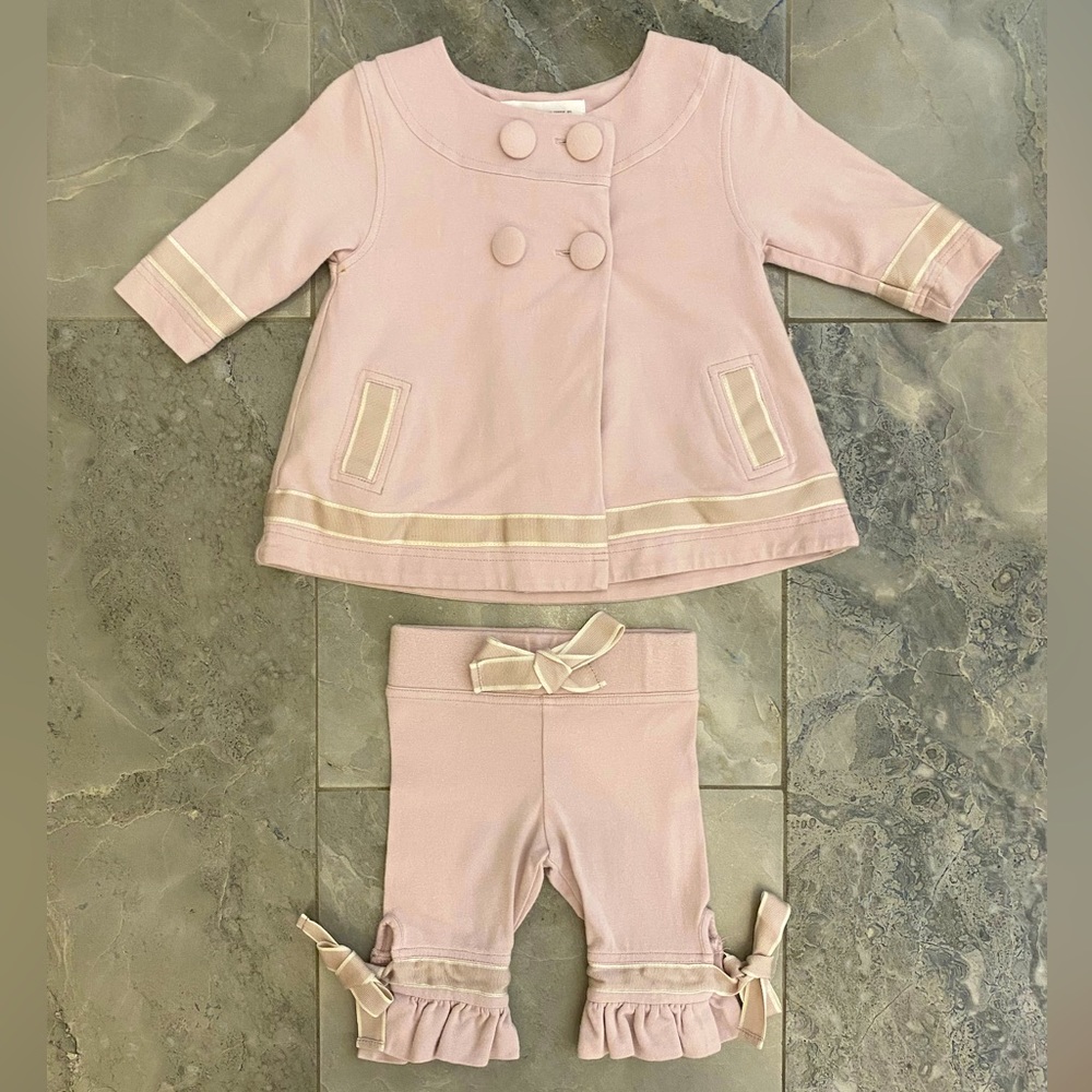 Nanny Pickle Pink Bamboo/Cotton Pea Coat & Matching Pant Set 3-6m